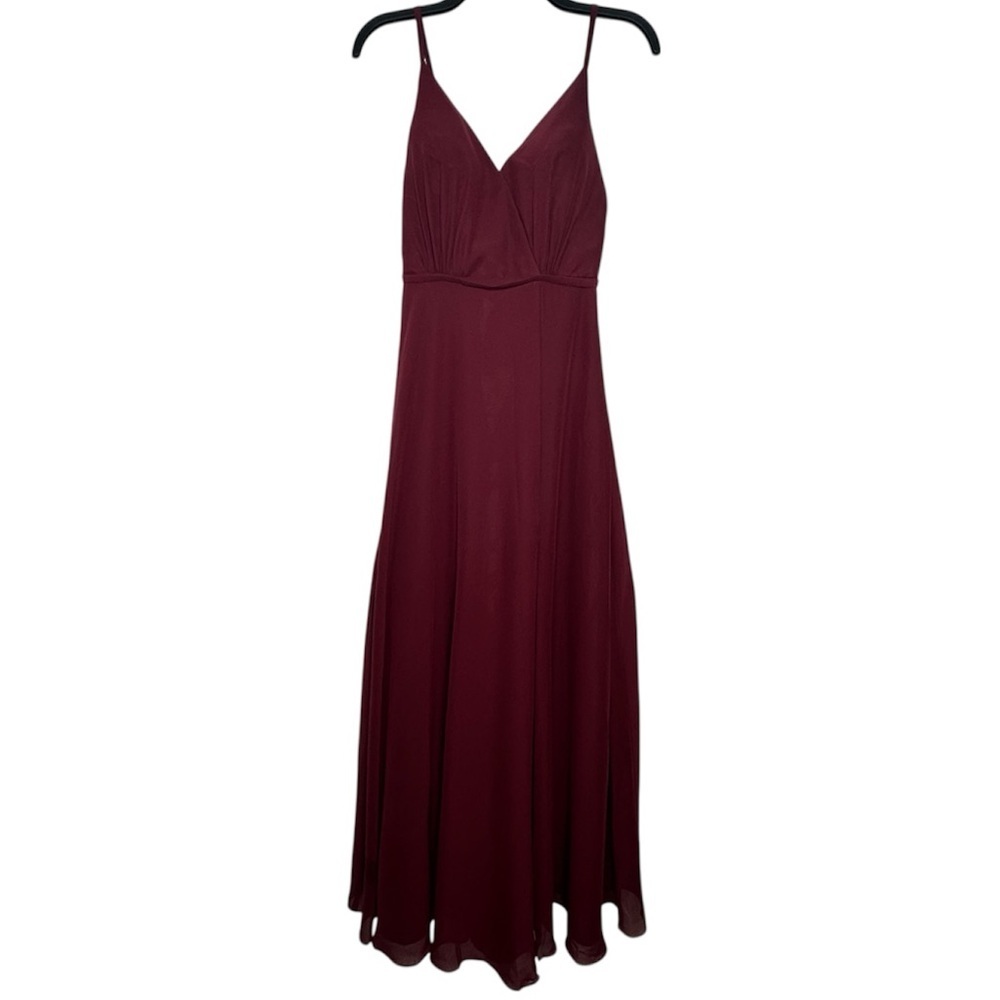 JJ HOUSE Floor Length Bridesmaid Gown in Burgundy With Slit And Low Back Size 0 - Picture 3 of 16